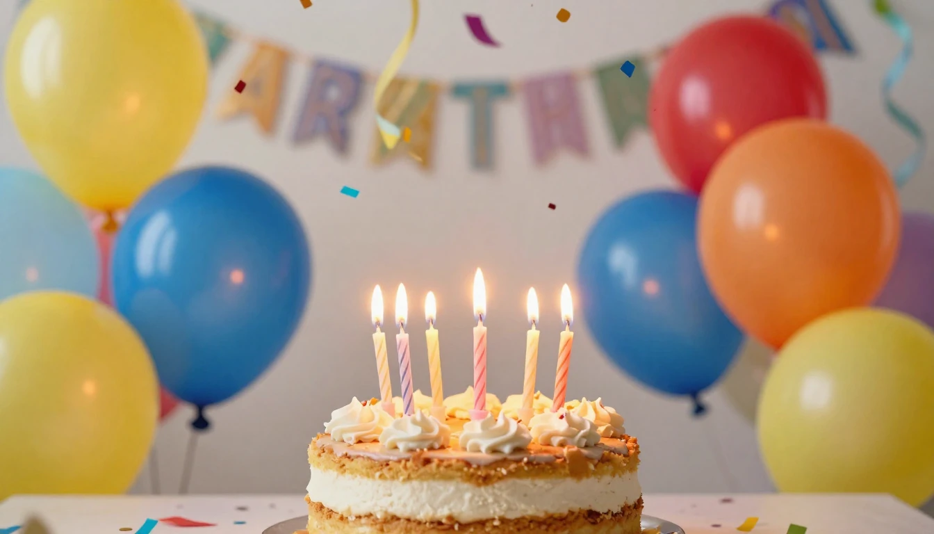 A vibrant and festive birthday scene featuring a delicious c...