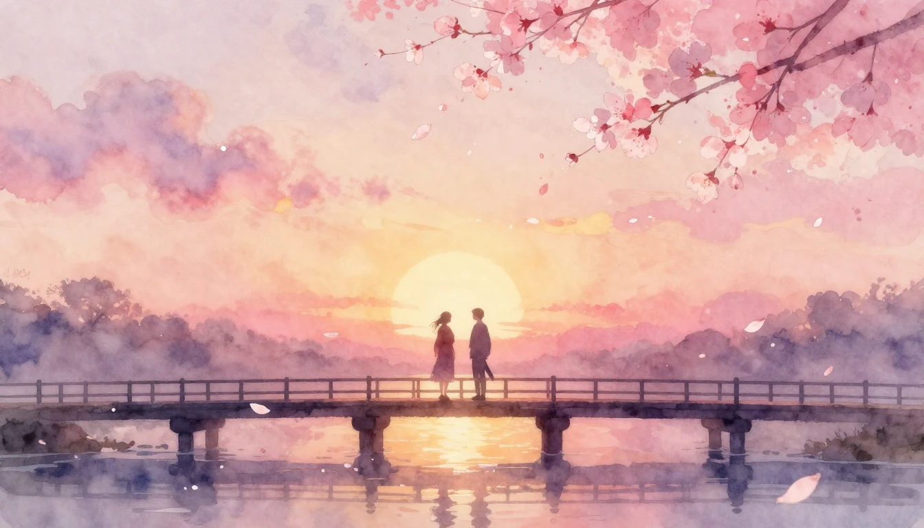 A dreamy watercolor painting of two silhouettes standing on ...