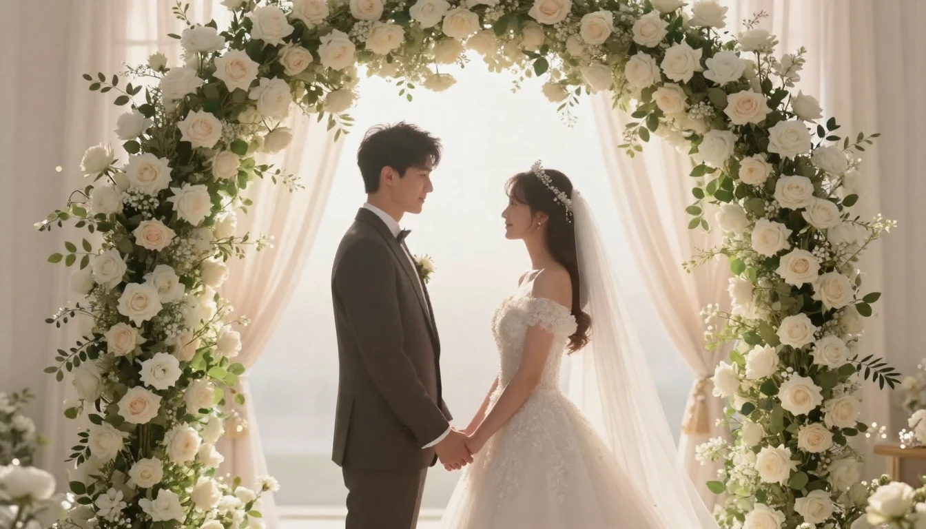 A romantic and dreamy scene of a bride and groom holding han...