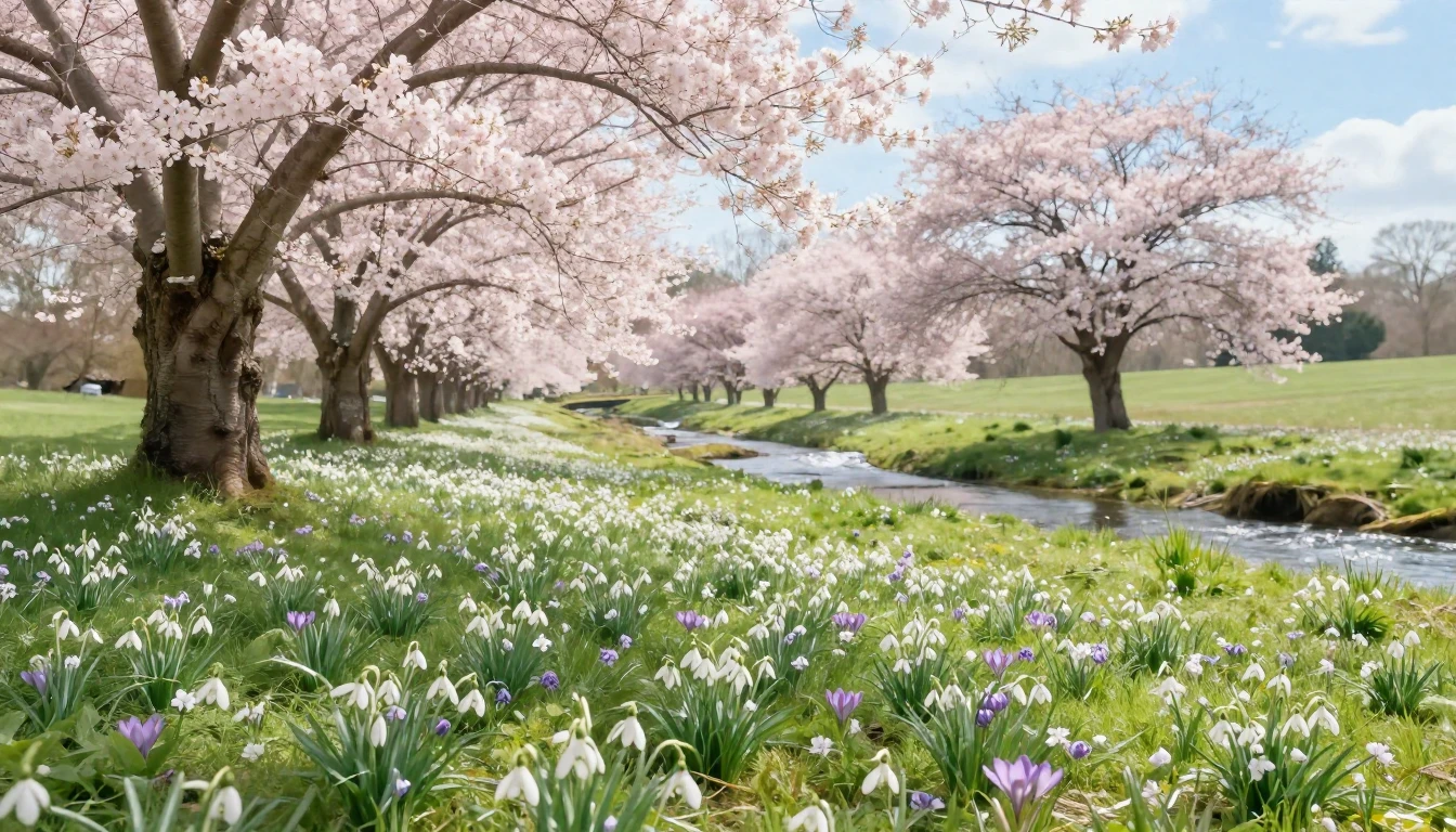 A serene landscape featuring a blooming meadow with delicate...