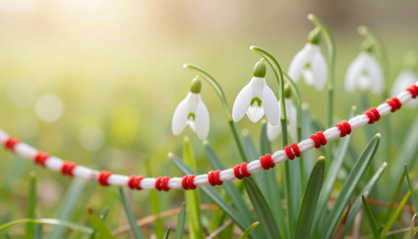 A beautiful and delicate red and white Mărțișor string inter...