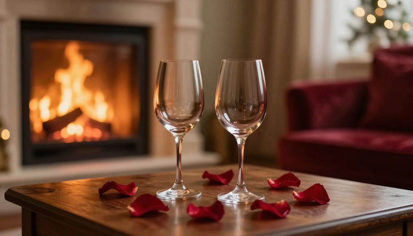 A serene and romantic scene featuring two elegant glasses on...