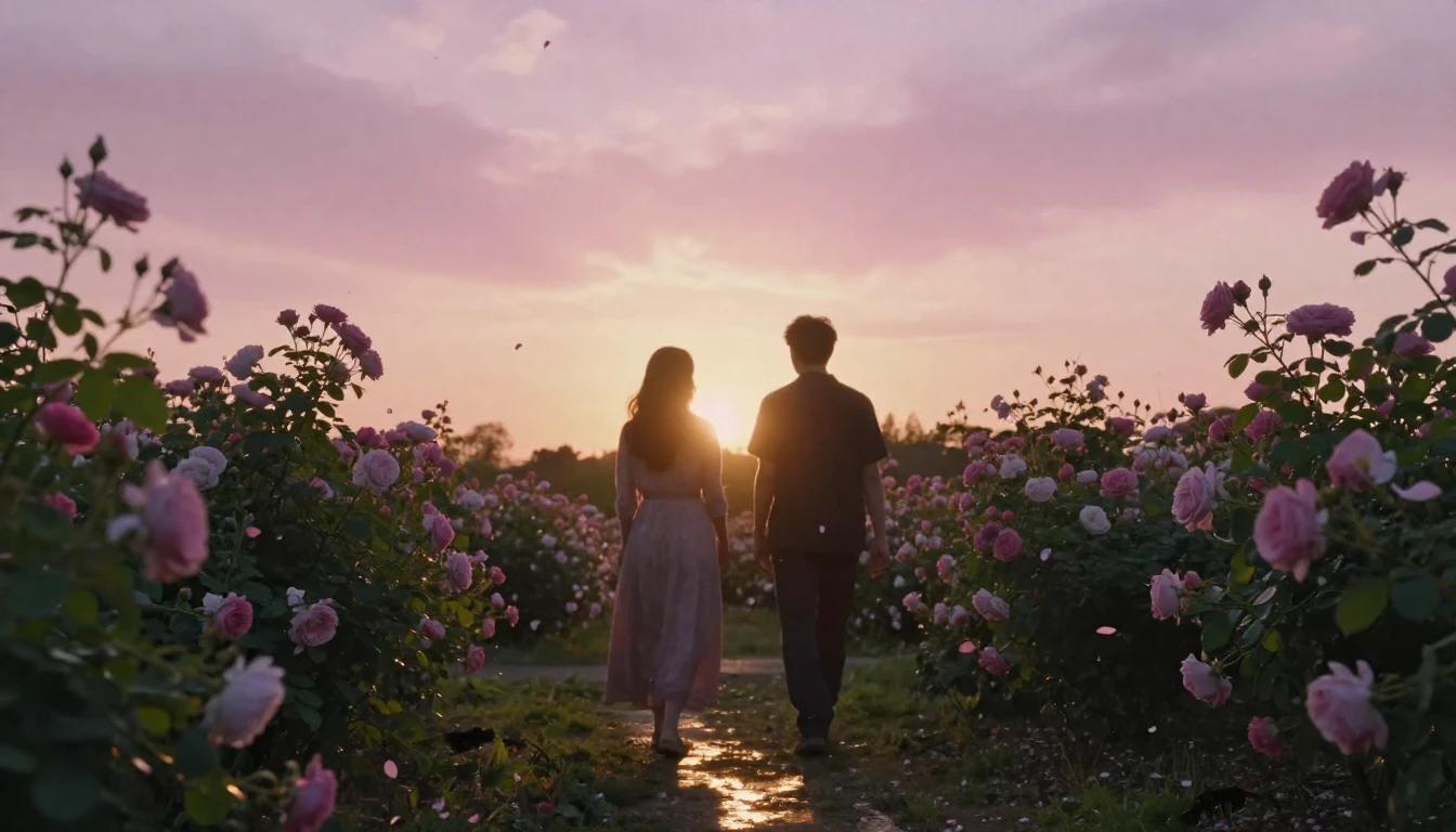 A dreamlike scene of two silhouettes walking through a bloom...