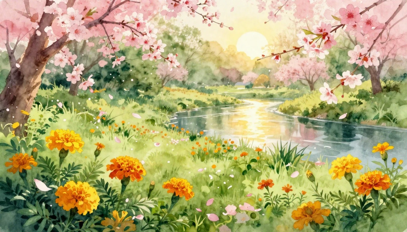 A vibrant watercolor painting of a lush spring garden in ful...