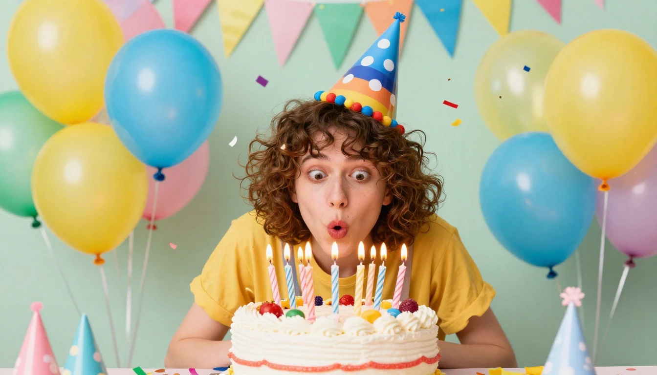 A vibrant and humorous birthday party scene featuring a funn...