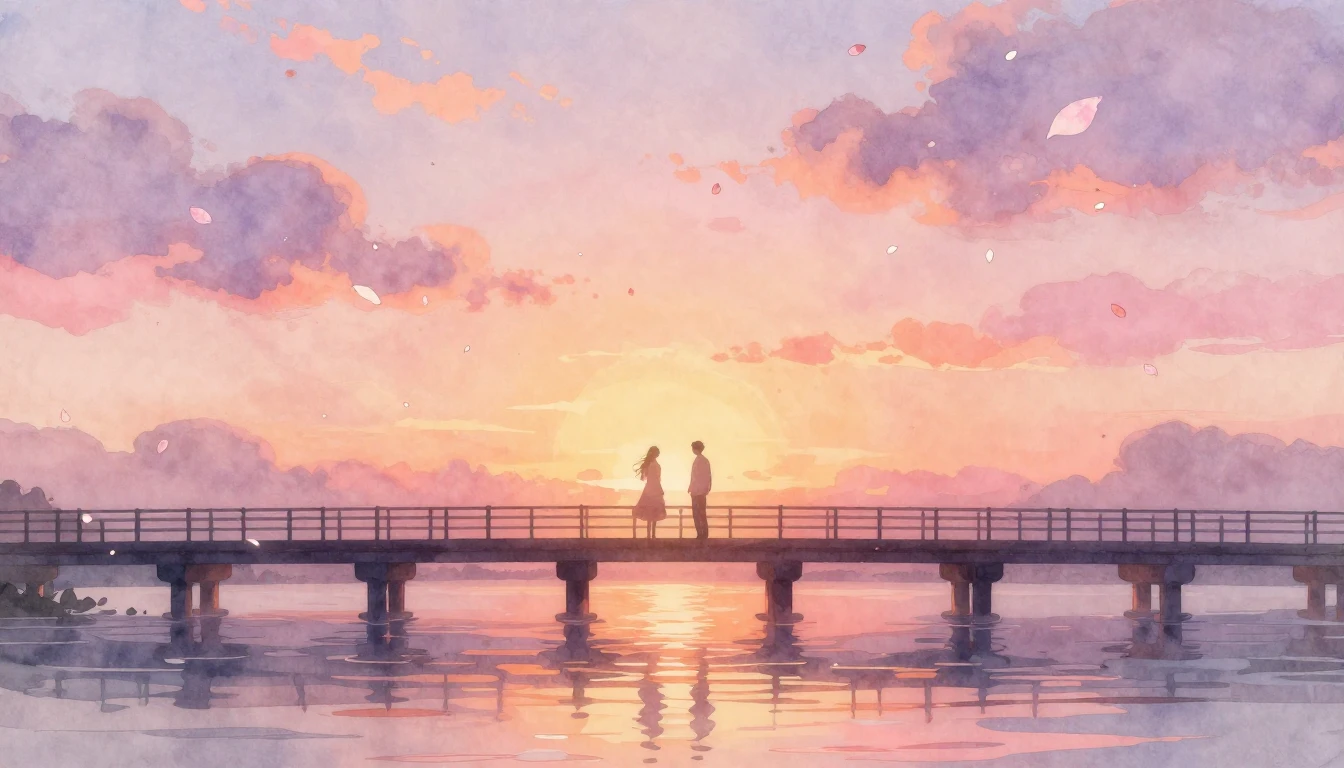 A dreamy watercolor painting of two silhouettes standing on ...