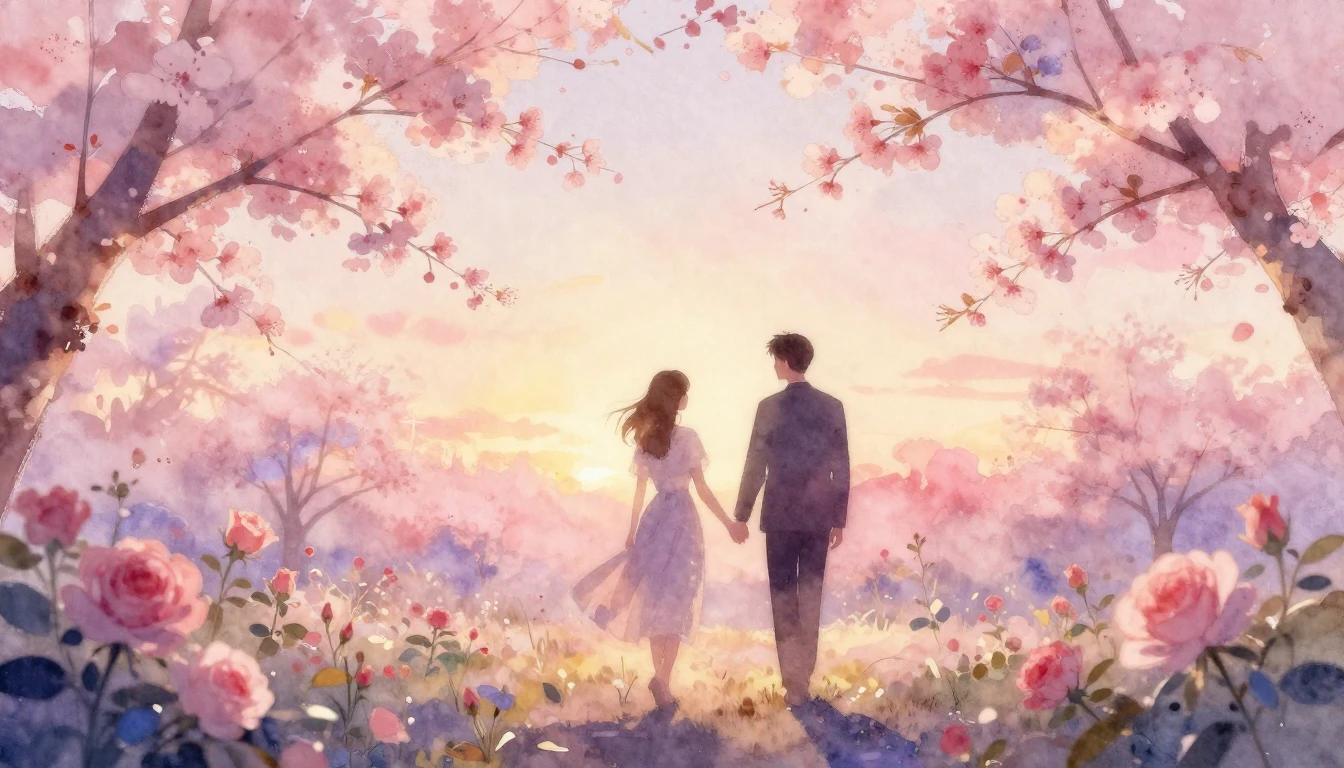 A delicate watercolor painting of two silhouettes walking ha...