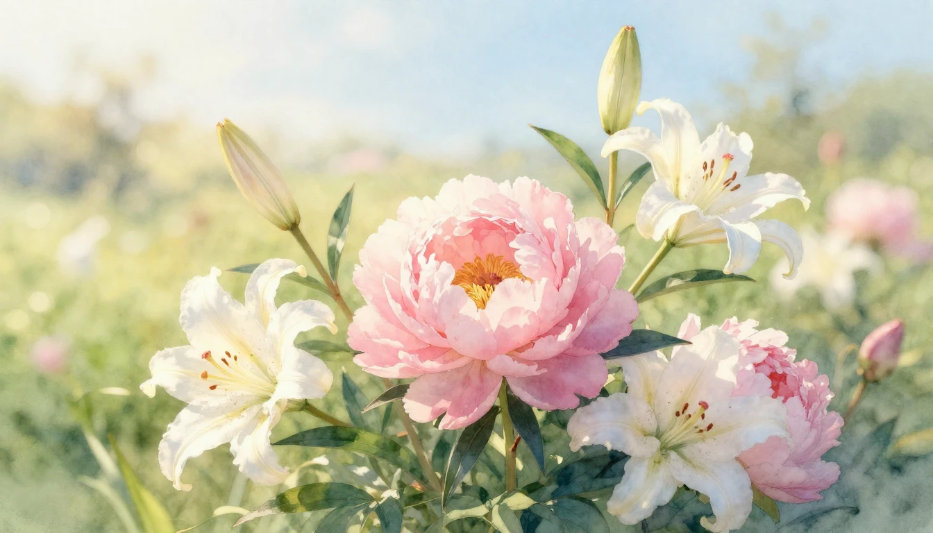 A beautiful watercolor painting of a blooming garden in soft...