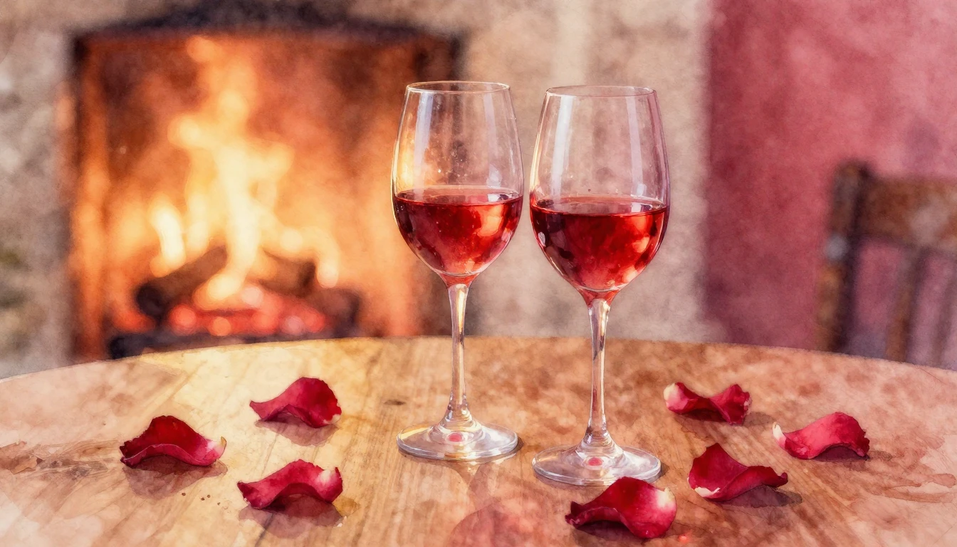 A soft watercolor painting of two elegant wine glasses on a ...