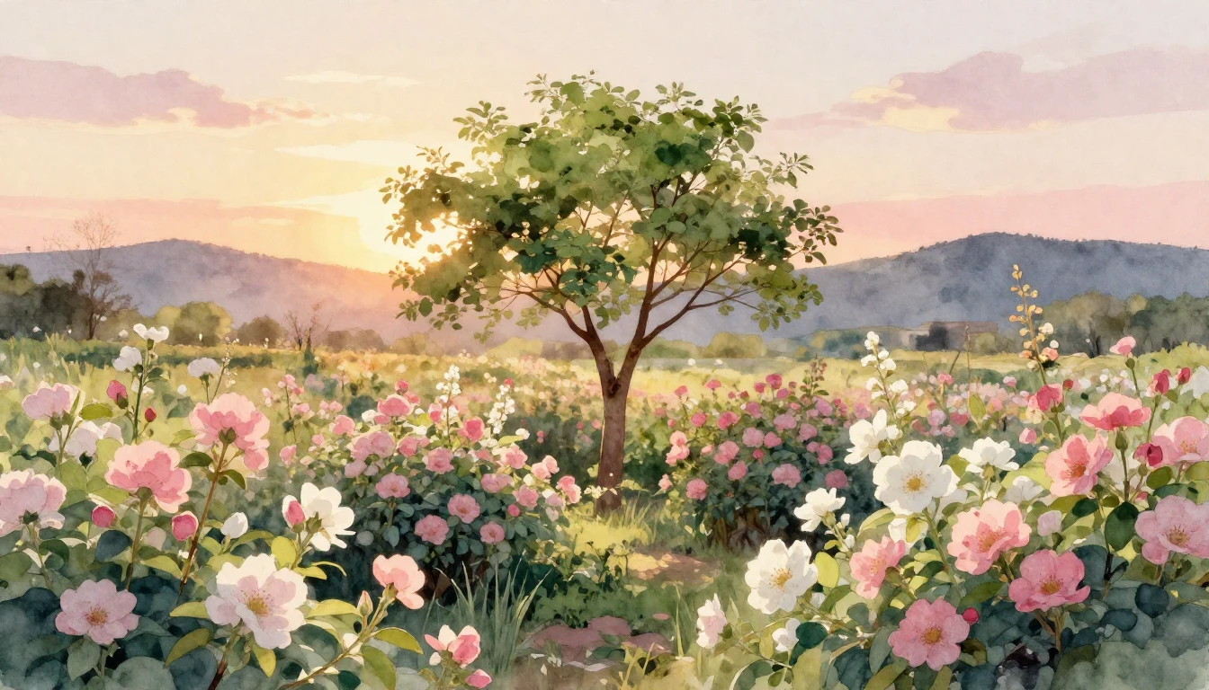 A beautiful and serene watercolor painting of a blooming gar...