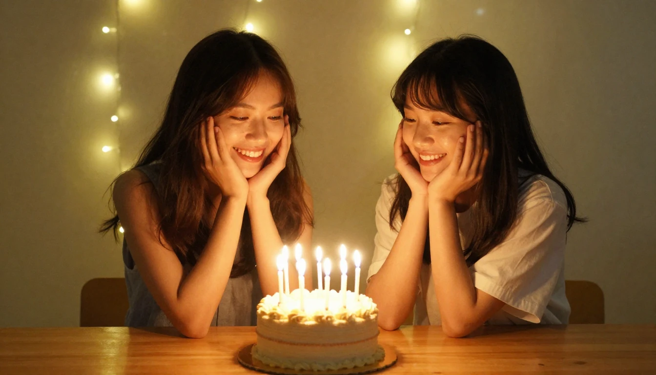 A warm and cozy birthday scene, two best friends celebrating...