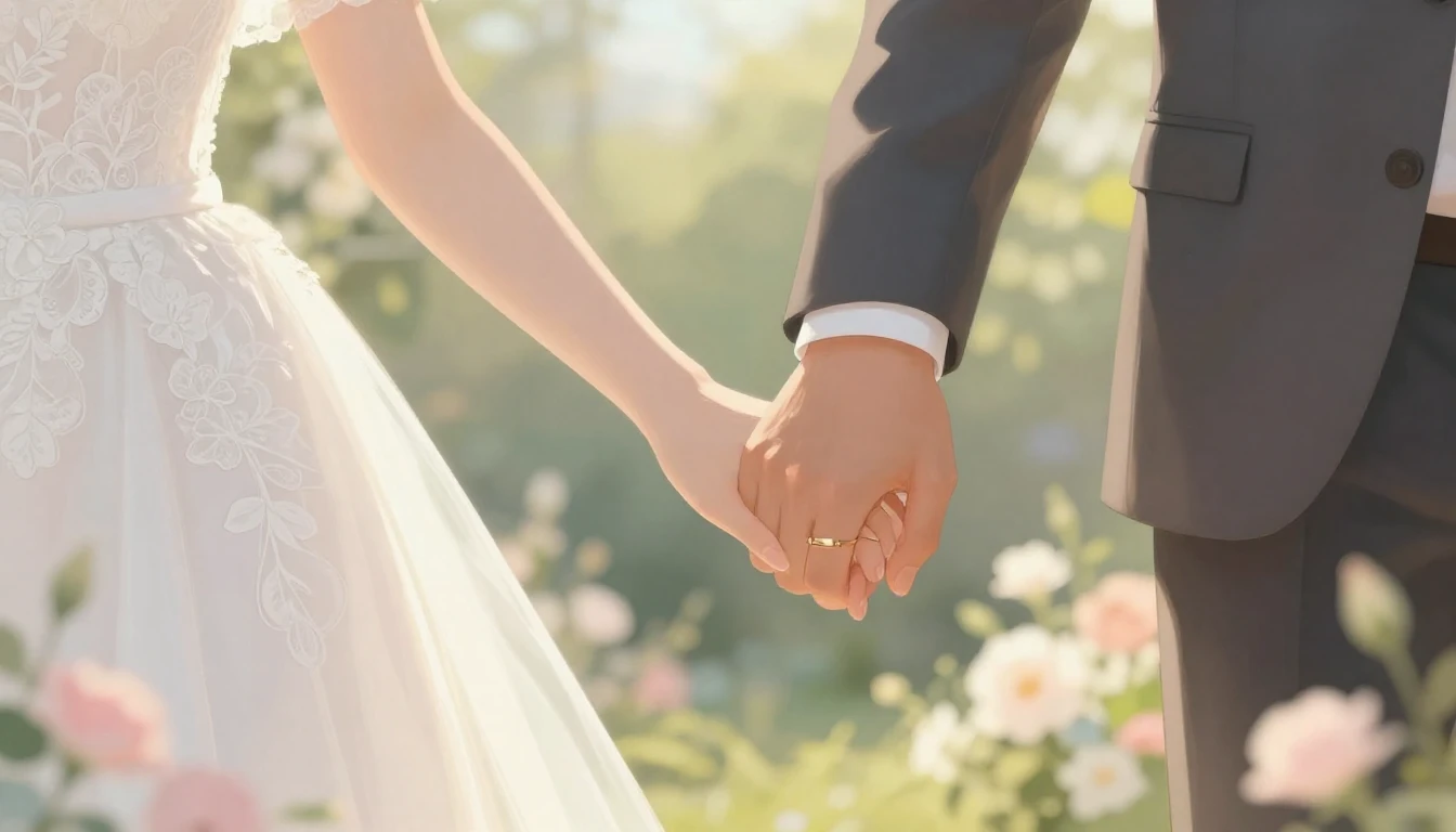 A soft and romantic close-up illustration of a bride and gro...