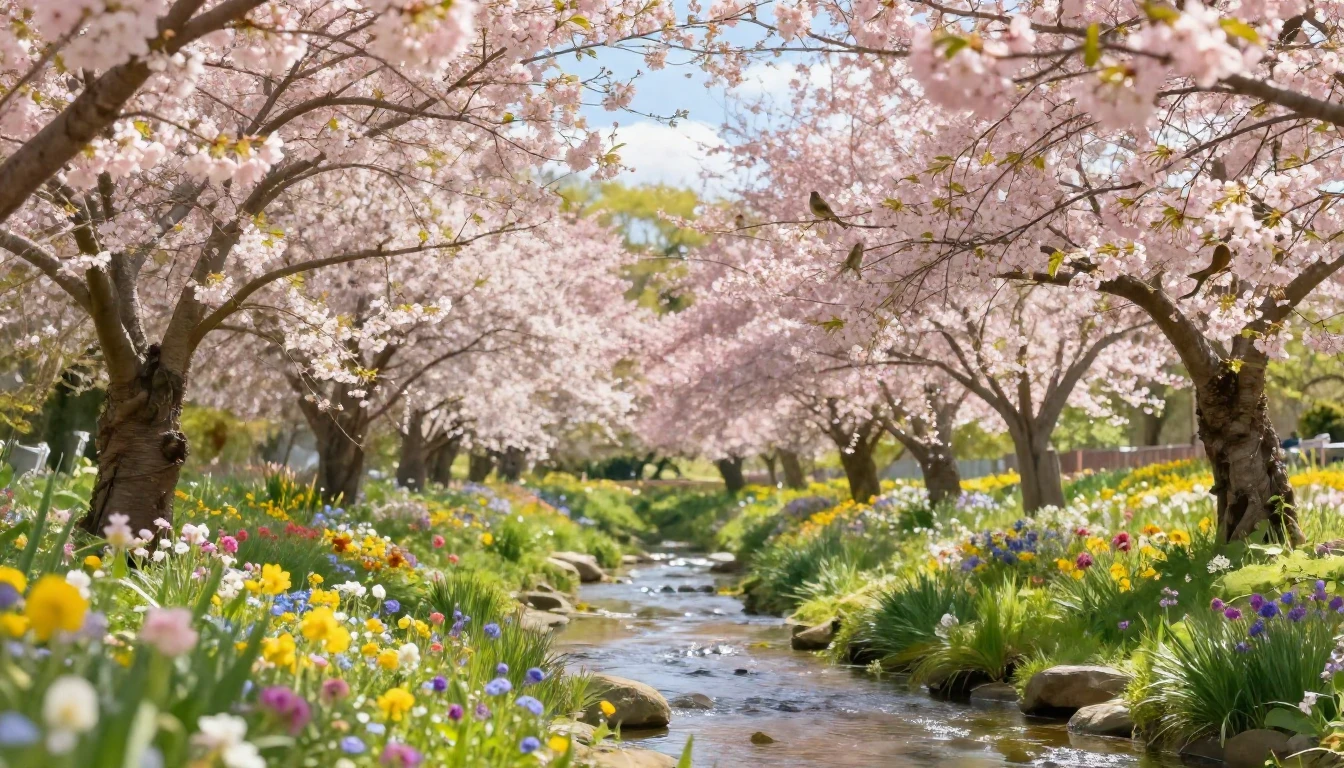 A lush, vibrant spring garden in full bloom. Delicate cherry...