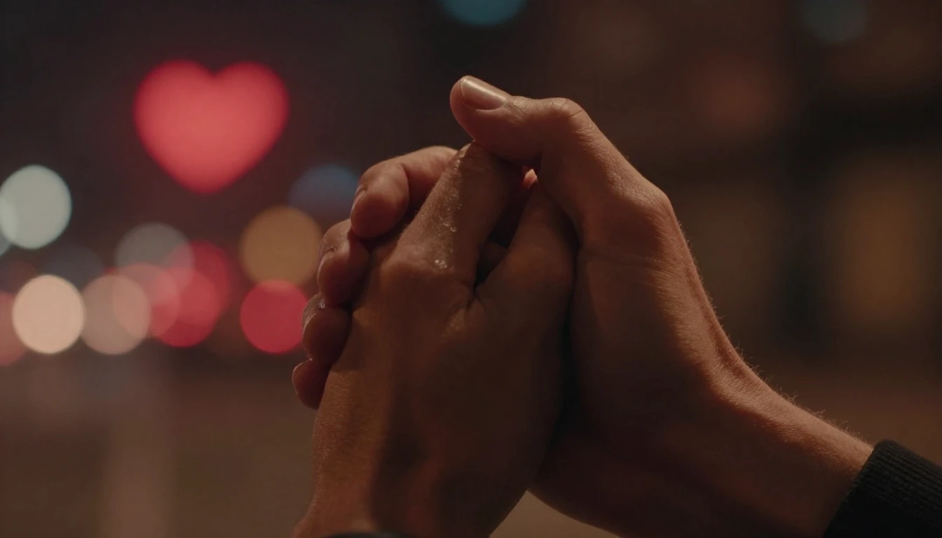 A cinematic close-up shot of two hands holding each other ti...
