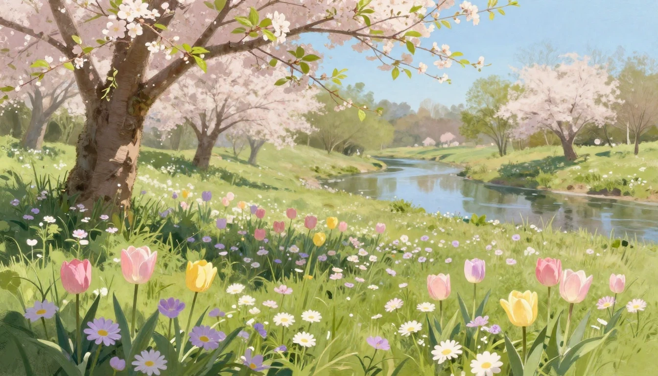 A serene meadow during early spring, filled with delicate wi...