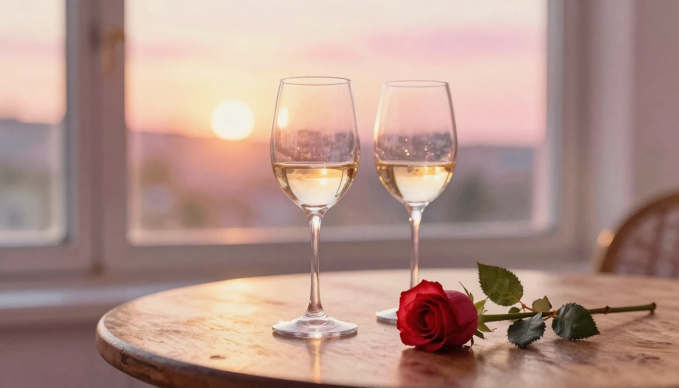 A soft watercolor painting of two elegant wine glasses sitti...