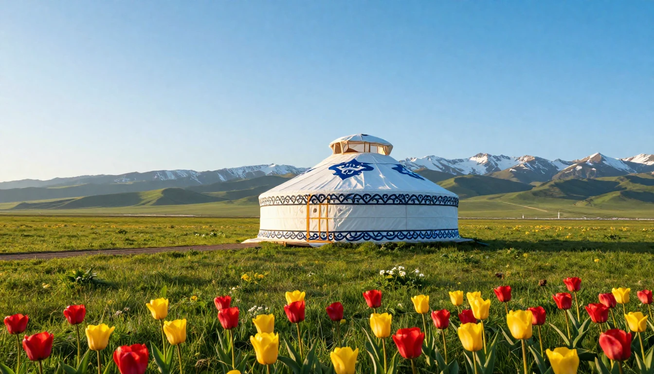 A breathtaking wide-angle view of a blooming green steppe un...