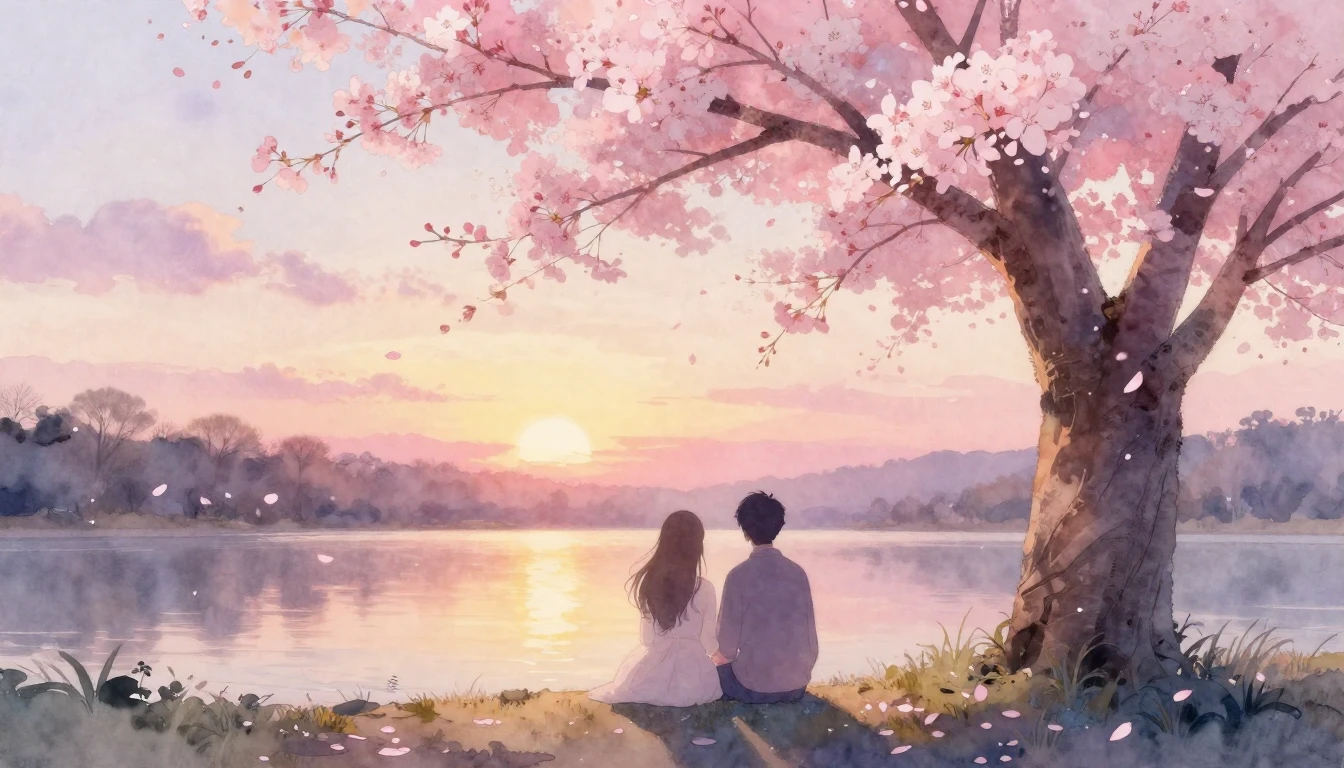 A delicate watercolor painting of two ethereal silhouettes s...