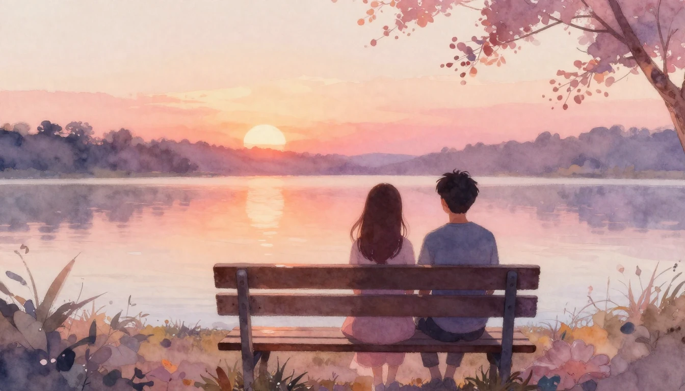 A beautiful watercolor painting depicting two silhouettes of...