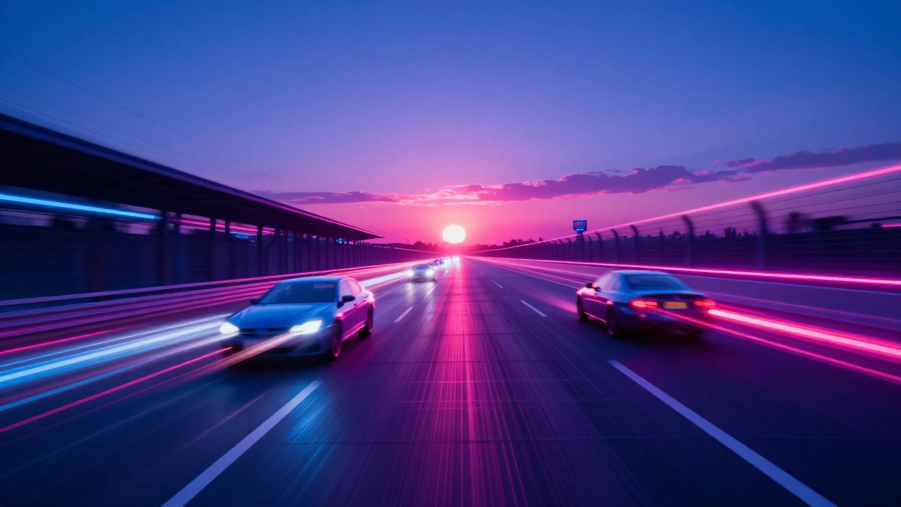 A high-speed perspective of a glowing neon racetrack stretch...