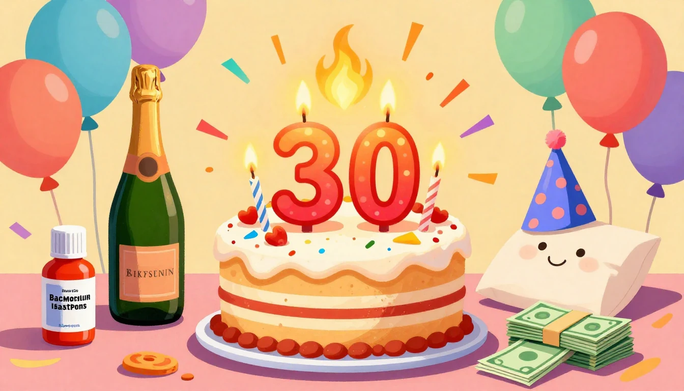 A humorous and colorful birthday illustration featuring a ch...