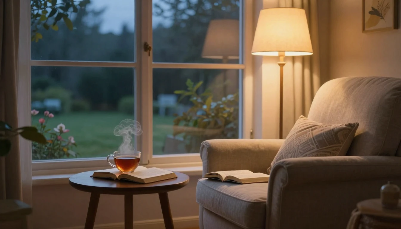 A cozy living room scene during a soft twilight. A comfortab...