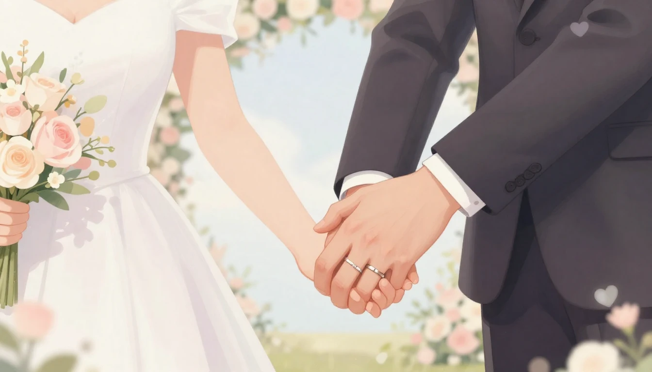 A romantic close-up illustration of a bride and groom holdin...