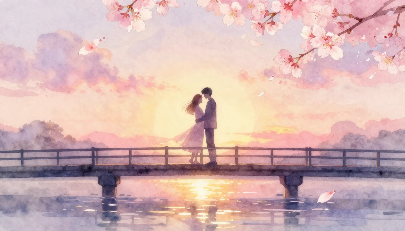 A delicate watercolor painting of two intertwined silhouette...