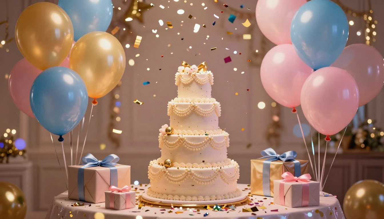 A vibrant and festive scene filled with colorful floating ba...