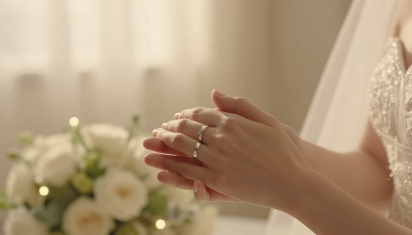 A cinematic close-up shot of a newlywed couple's hands gentl...