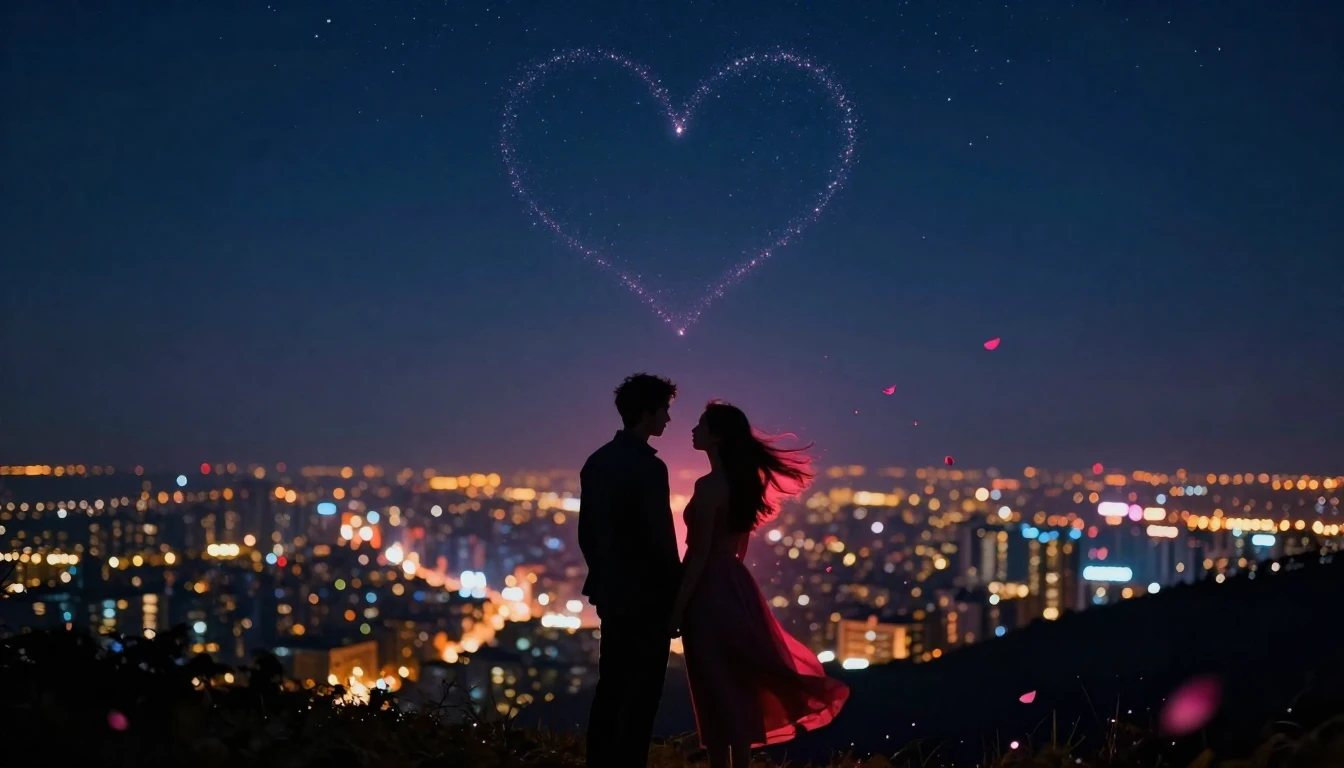 A romantic and atmospheric scene featuring silhouettes of a ...