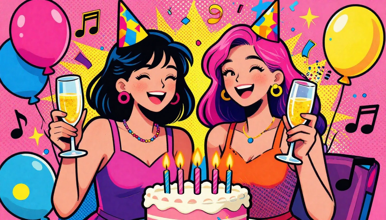 A vibrant and colorful illustration of two happy young women...