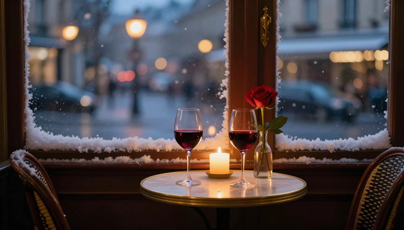 A romantic and intimate scene set in a cozy Parisian cafe at...