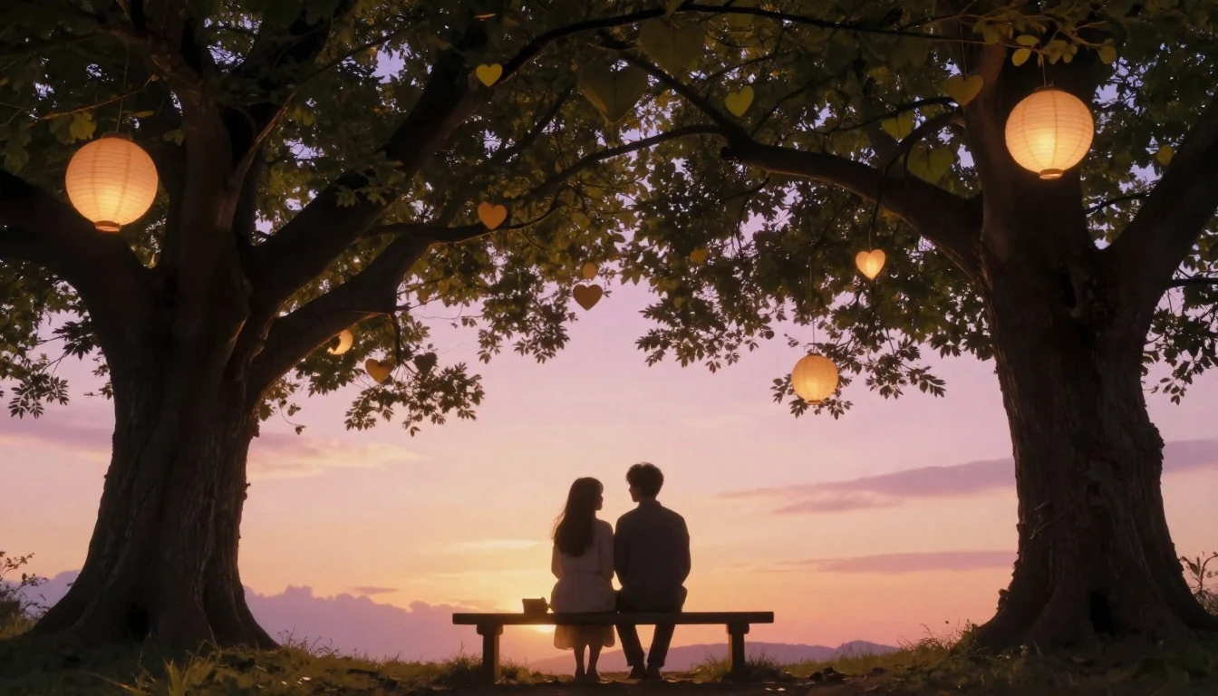 A romantic and dreamy scene featuring two silhouettes sittin...
