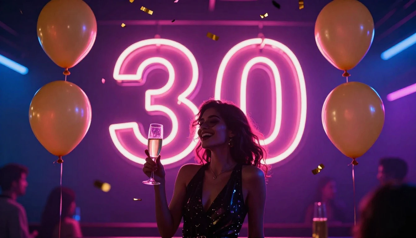 A vibrant and festive image featuring a glowing neon sign co...