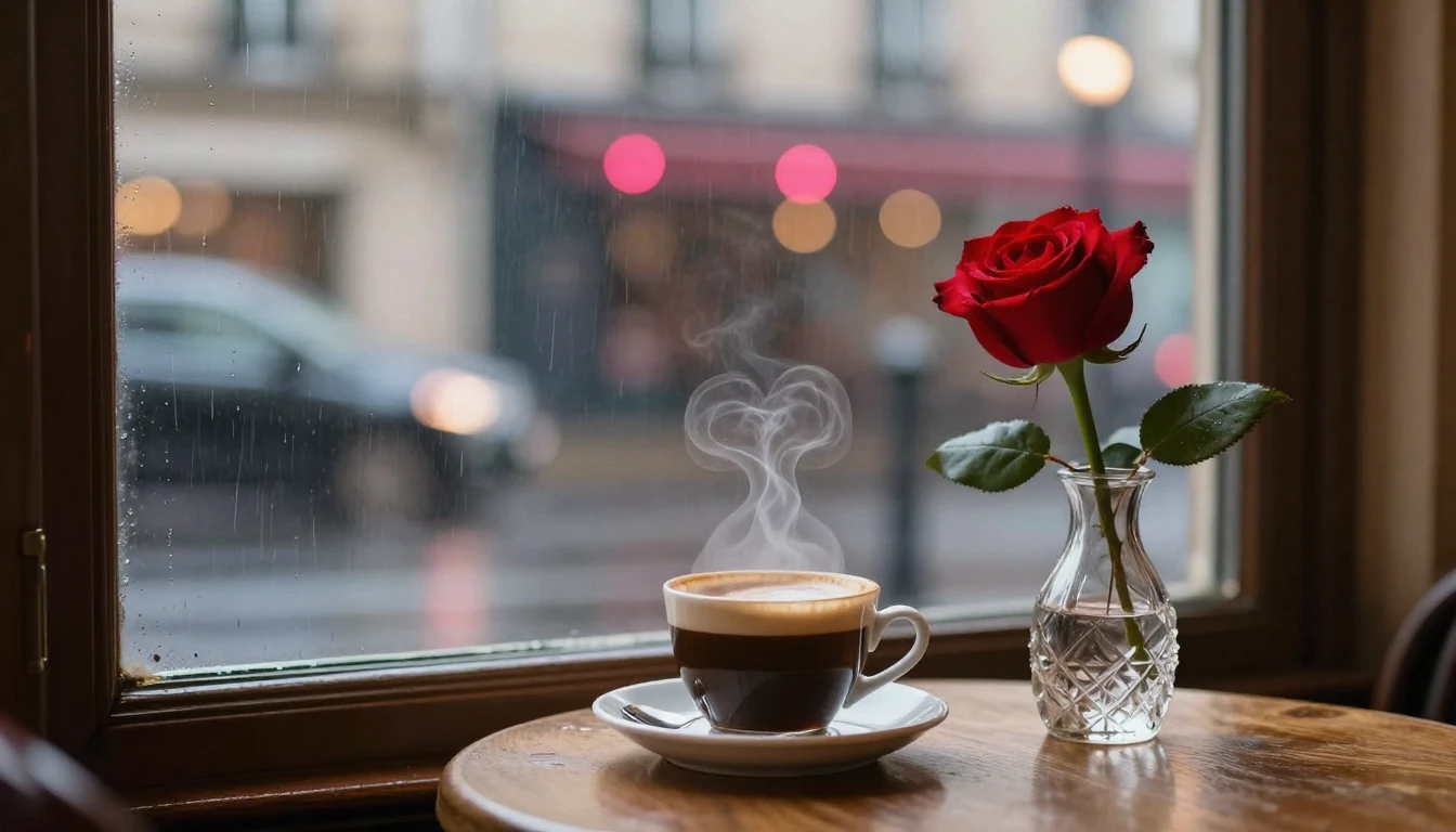 A romantic scene in a cozy Parisian cafe window view, rain s...