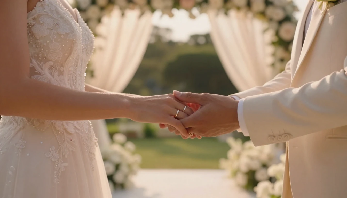 A cinematic close-up shot of a bride and groom holding hands...
