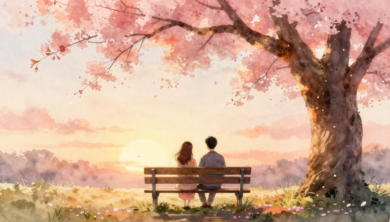 A romantic watercolor painting of a couple sitting on a wood...