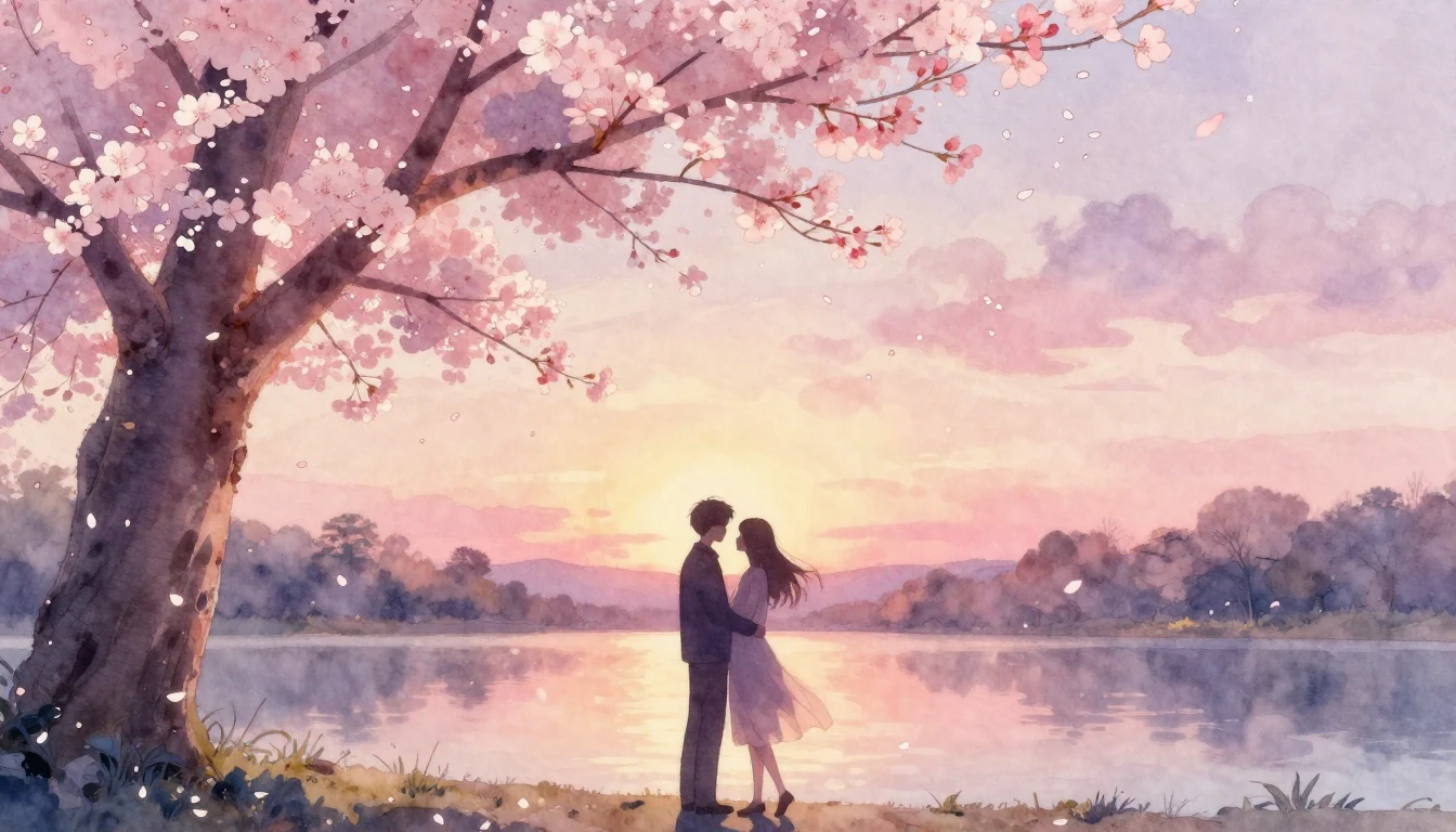 A dreamy watercolor painting of two intertwined silhouettes ...