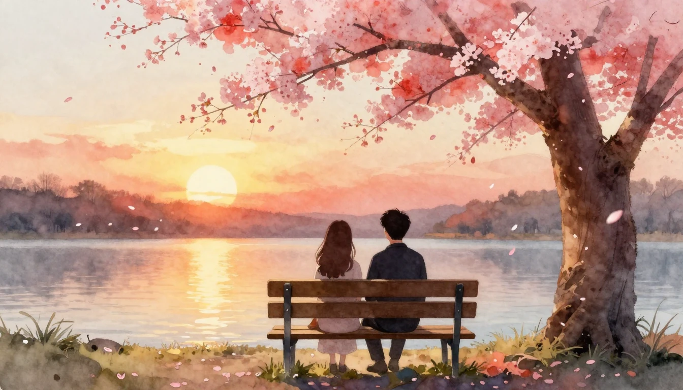 A soft watercolor painting depicting two stylized silhouette...