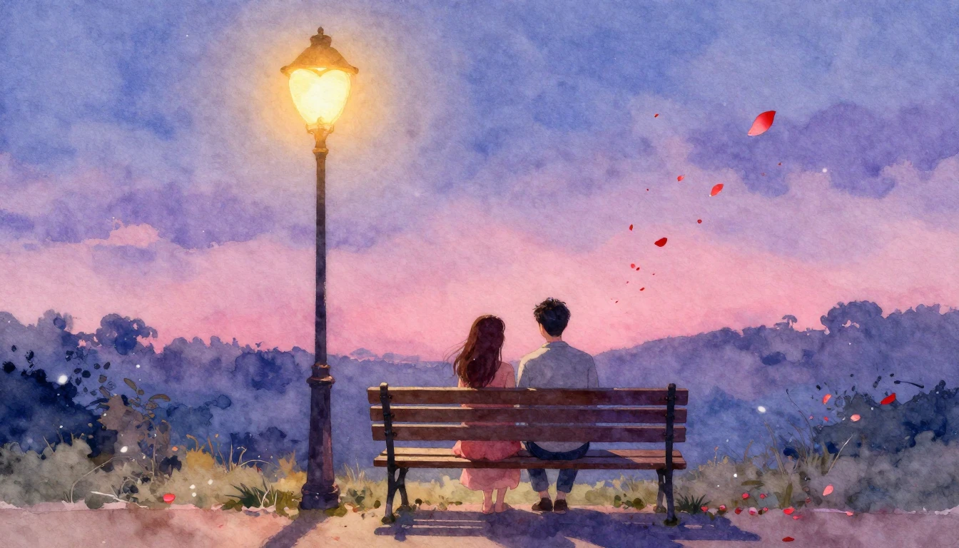 A soft, dreamy watercolor painting of a couple sitting on a ...