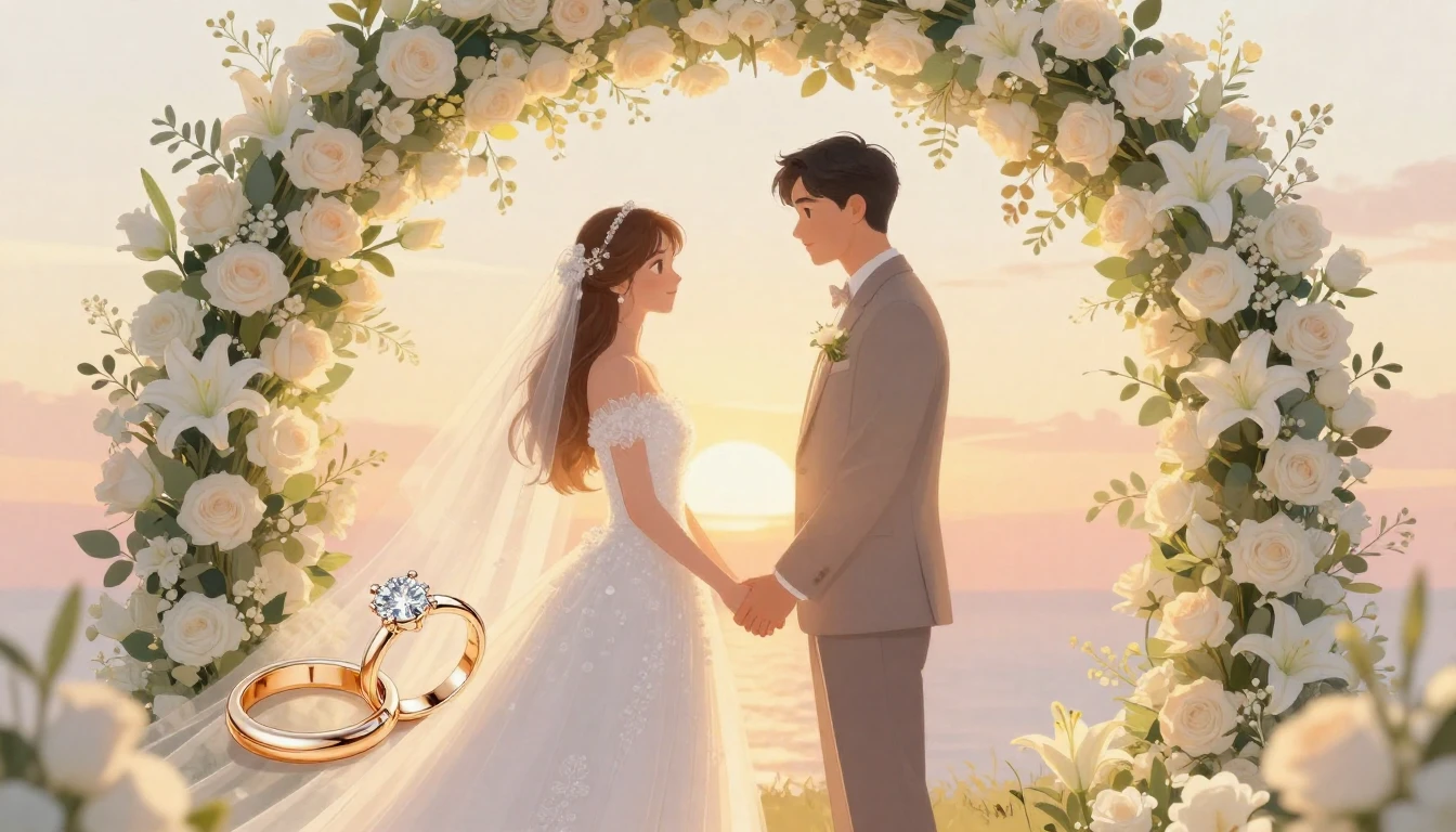 A romantic and elegant illustration of a bride and groom hol...