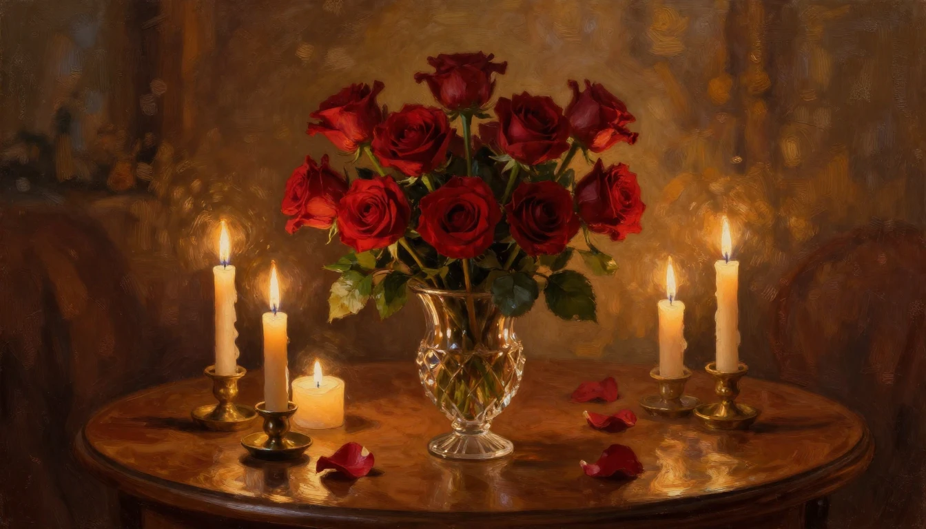 An exquisite oil painting of a romantic candlelit setting. A...