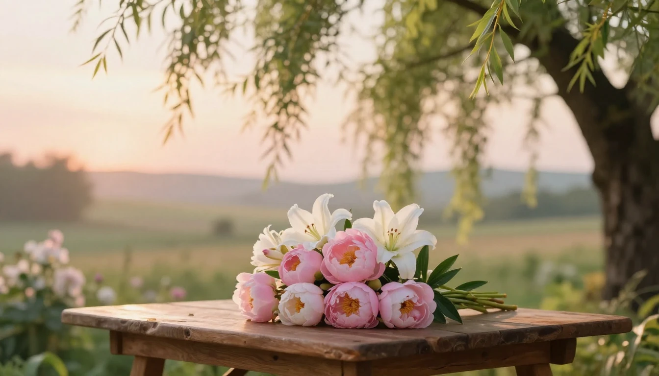 A beautiful and serene scene featuring a blooming garden at ...