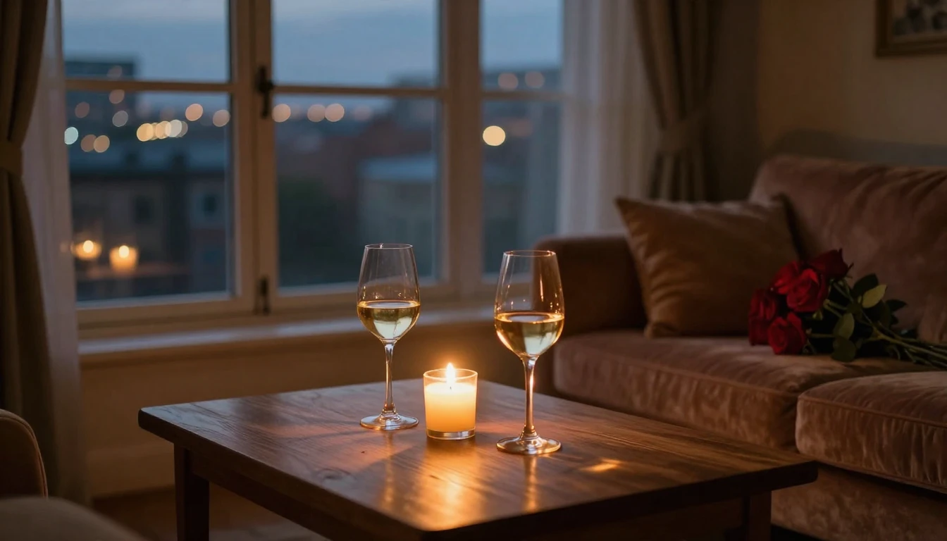 A cozy, dimly lit room with a large window overlooking a cit...