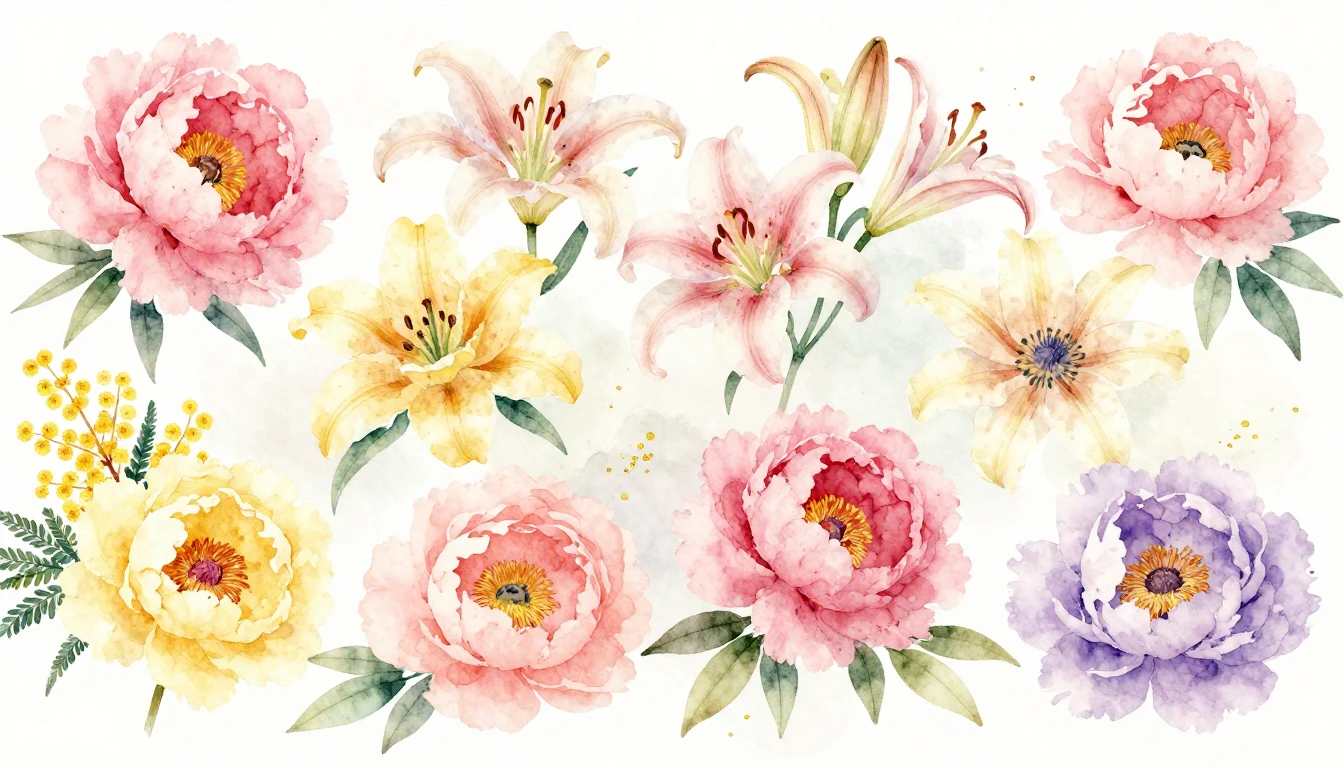A beautiful watercolor painting of various blooming flowers ...