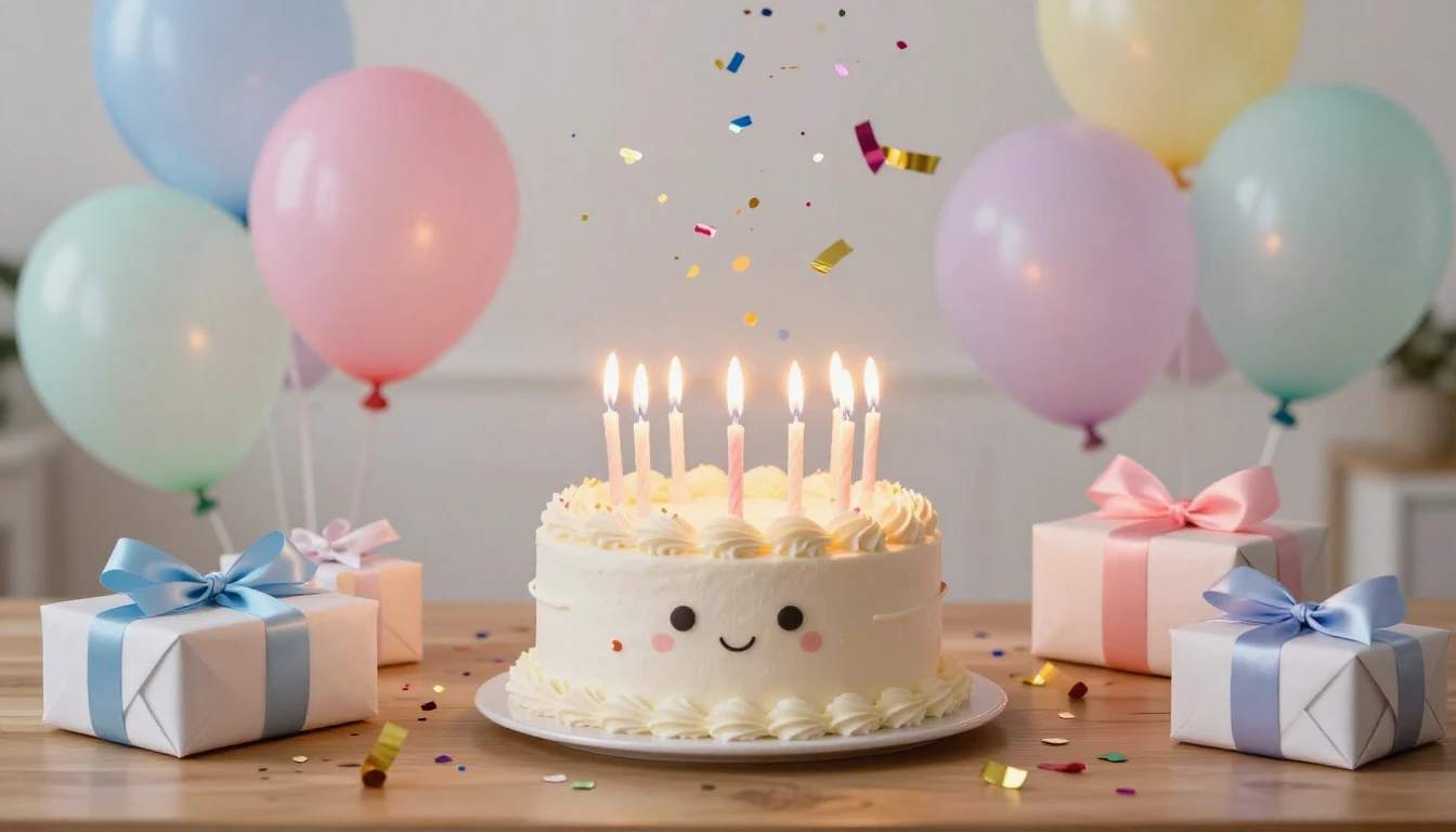 A cute and magical birthday cake with glowing candles on a w...