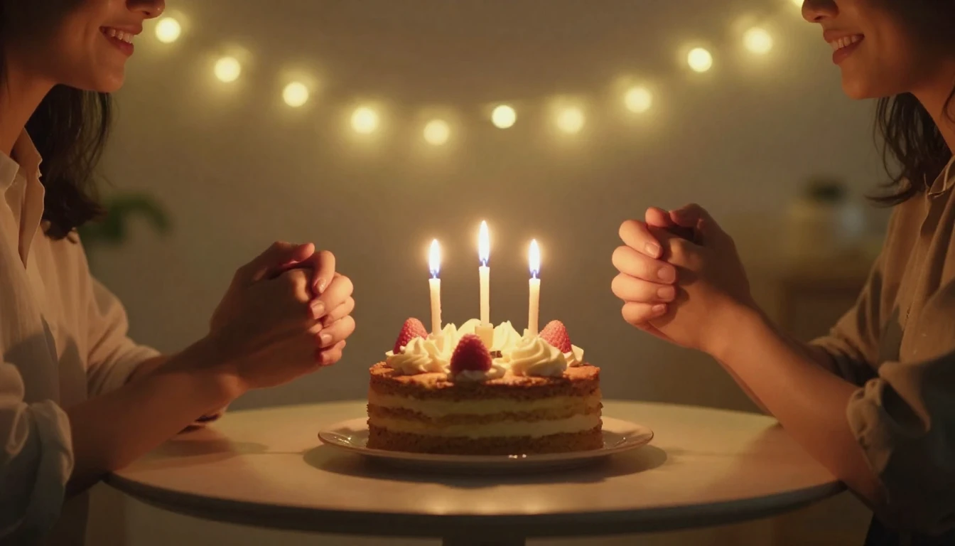 A romantic and cozy birthday setting, cinematic style. A sma...