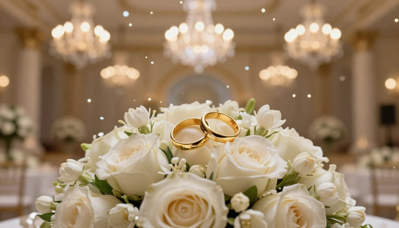 A cinematic close-up shot of a luxurious wedding celebration...
