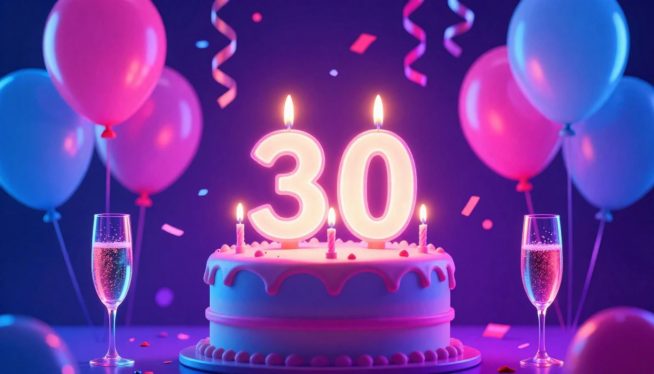 A vibrant and festive birthday scene in a neon style. A styl...